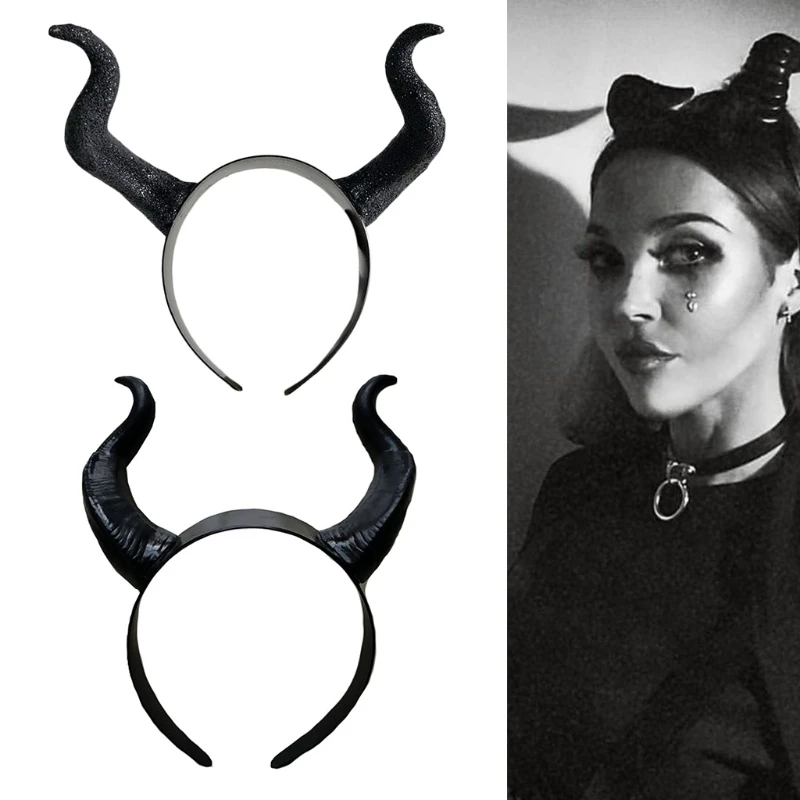 Halloween Witch Black Long Ox Horn Headband Movie Evil Queen Glitter Hair Hoop Gothic Cosplay Costume Headpiece D5QB