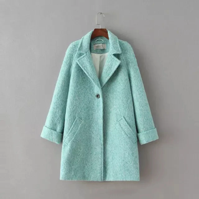 Женское пальто, отбеленная шерсть, длинный английский винтажный светильник, зеленый цвет, отложной воротник, на одной пуговице, рукав летучая мышь, Трендовое пальто для женщин