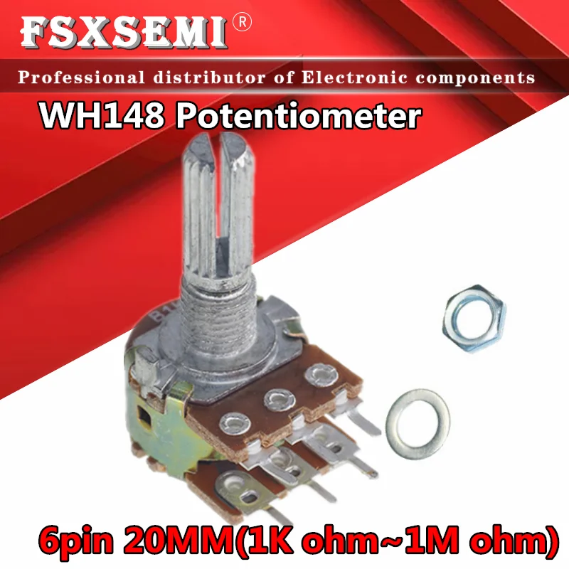 WH148 B1K B2K B5K B10K B20K B50K B100K B500K 6Pin 20mm Amplifier Dual Stereo Potentiometer 1K 2K 5K 10K 50K 100K 500K 2pcs