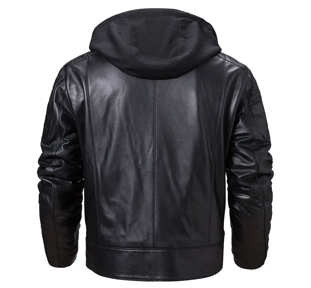 Новая мужская кожаная мотоциклетная куртка из натуральной кожи черного цвета со съемным капюшоном