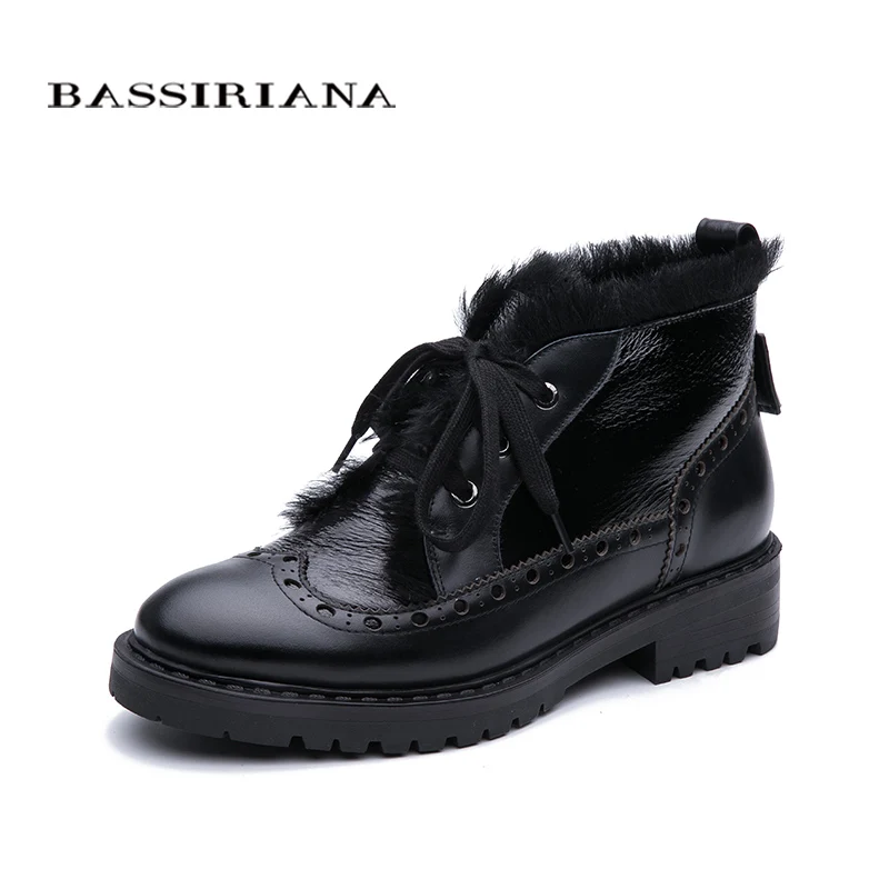 BASSIRIANA новые зимние женские туфли черные натуральные шерстяные теплые кожаные кружева круглые плоские туфли - Color: 999