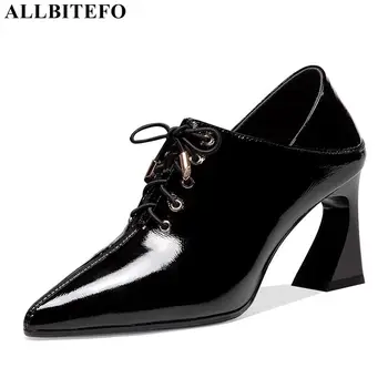 

ALLBITEFO cross tied pointed toe fashion real genuine leather women high heel shoes black women heels shoes high heels