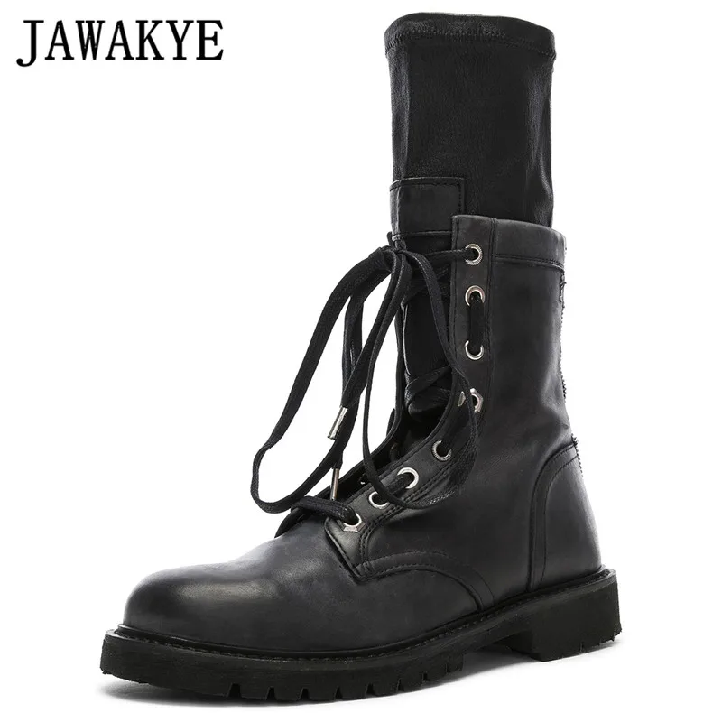 

Martin Boots Women Fashion Genuine Leather Lace-Up Thick Bottom Army Boots Round Toe Patchwork Knight Boots Winter Female Shoes
