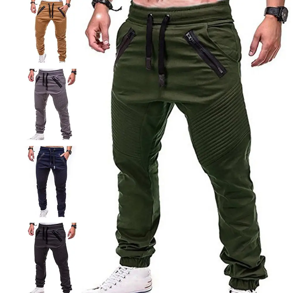 Men Fashion Drawstring Zip Strips Pockets Ankle Tied Long Pants Sports Trousers Drawstring Ankle Joggers Sweat Casual Pants
