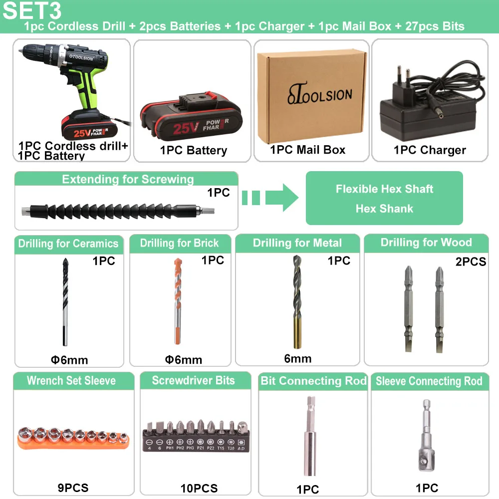 Новая ударная отвертка 25 В аккумуляторная отвертка Электроинструмент набор ударная электрическая дрель шуруповерт дрель электрическая отвертка - Цвет: SET3 (2 pc battery)