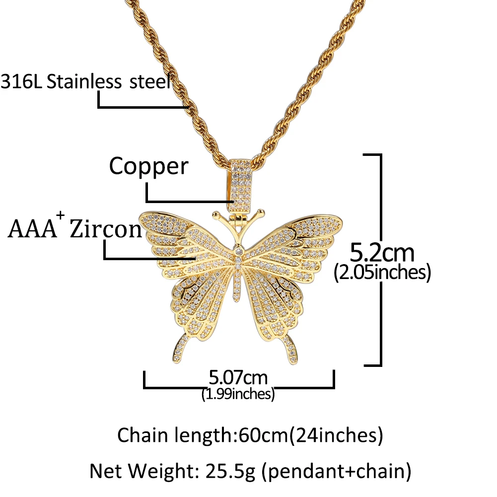 Uwin Танцующая бабочка подвеска микро проложили кубический циркон Шарм ожерелье для мужчин хип-хоп ювелирные изделия для подарка теннисная цепь