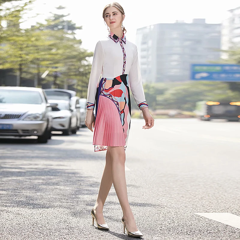 

Spring Autumn New Women'S High Quality Party Casual Workplace Vintage Elegant Chic Print Stitching Irregular Fashion Shirt Dress