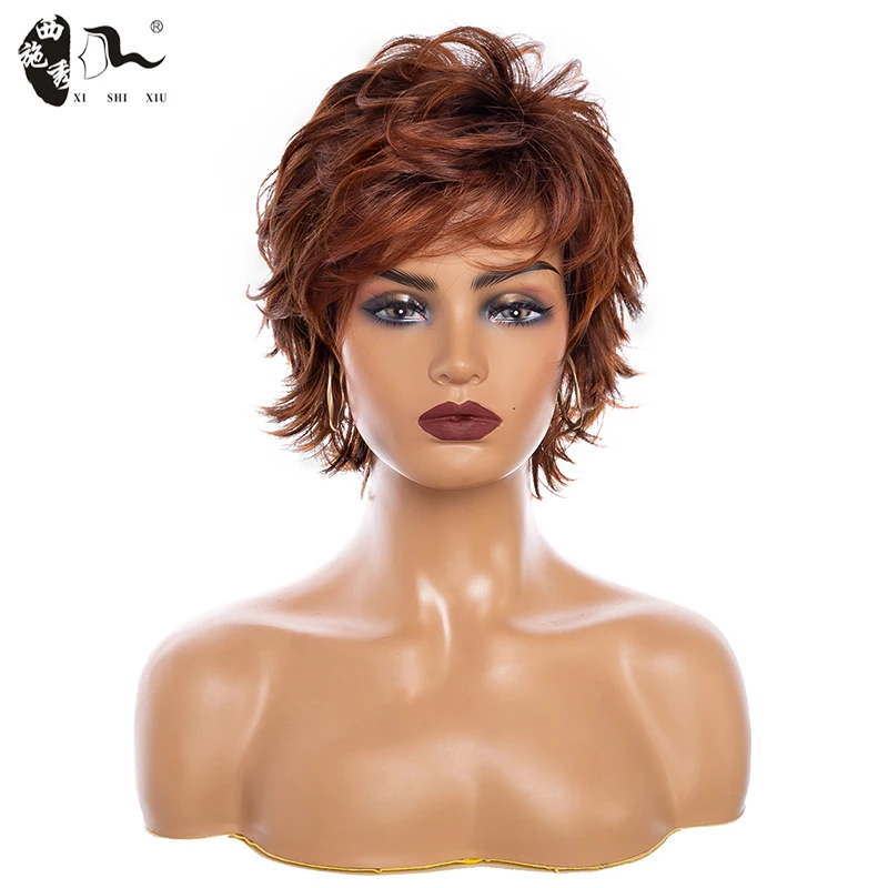 XISHIXIUHAIR 8inch Female Haircut Puffy Wave Natural Short Red Wine Brown Synthetic Hair Wigs for Black Women |