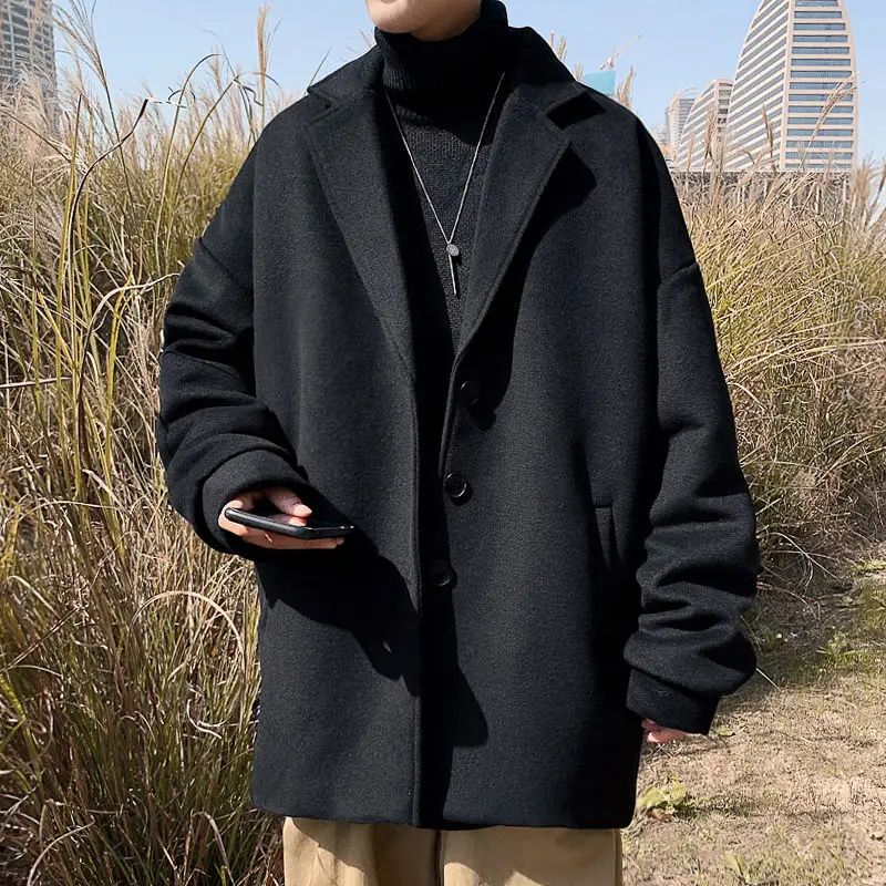 

2020 Winter Woolen Coat Men Middle Long Lapel Student Jacket Black Mens Overcoat Wool Blend Windbreaker Free Shipping