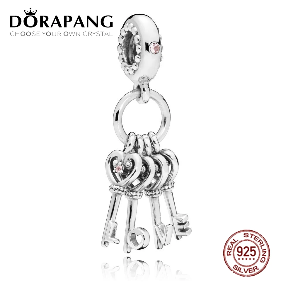 

NEW 100% 925 Sterling Silver Keys of Love Dangle Charm Red CZ & Multi-Colored Crystals Pendant For Mother Gift DIY Bracelet