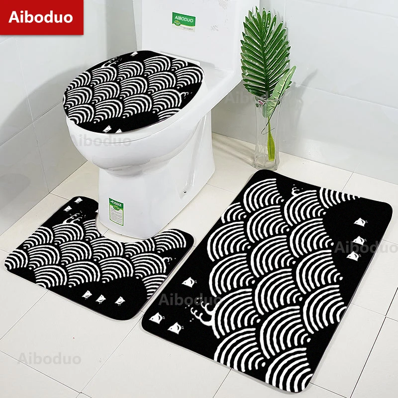 

Aiboduo Ukiyo-e Giant Waves NonSlip 3pcs/set Bathroom Pad Set Black Japanese-style Bath Mat Rug Toilet Lid Cover Bathroom Carpet