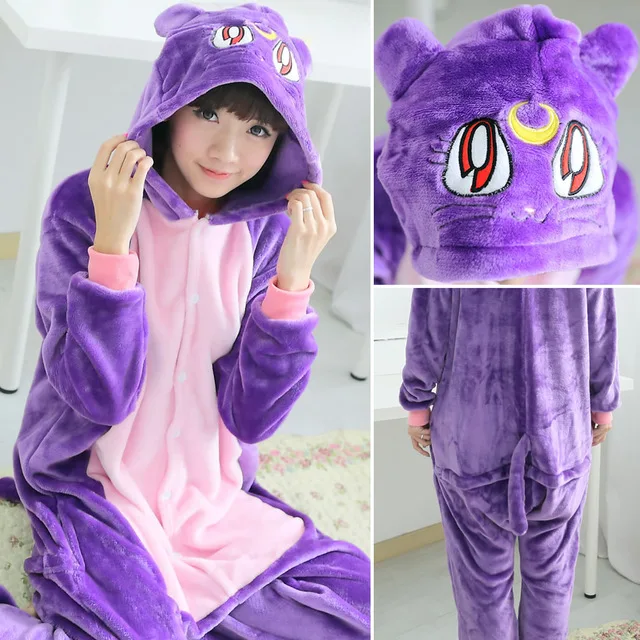 Кигуруми Единорог пижамы наборы для женщин Зима животных комбинезоны мужчин Один Кусок Косплей Костюм пижамы фланелевые пижамы - Цвет: Purple Cat