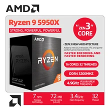 AMD-procesador Ryzen 9 5950X R9 5950X, CPU de 3,4 GHz, 16 núcleos, 32 hilos, para juegos de oficina, AM4, 7NM, L3 = 64M, accesorios con disipador de calor