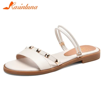 

KARINLUNA Ladies 2020 Summer Flat Sandals Genuine Leather Low Heel Women Sandals Summer Sweet Concise slip-on Women Shoes