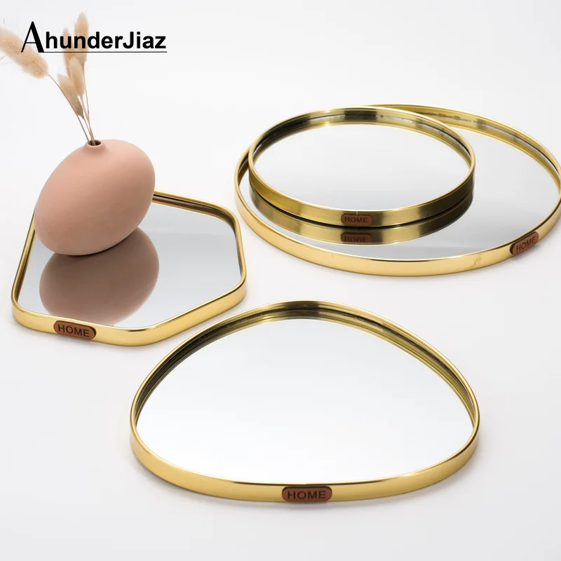Nordic Light Luxury Metal Glass Jewelry Display Plate Geometric Mirror Tray Golden Storage Ring Dish Wedding Gift Home | Дом и сад