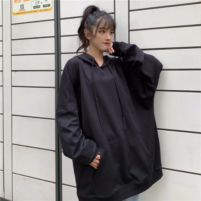 Черный HAYBLST Брендовые женские толстовки осенние Harajuku модные однотонные Лоскутные Kawaii Свободные топы PlusSize2XL с длинным рукавом тонкая одежда - Цвет: Черный