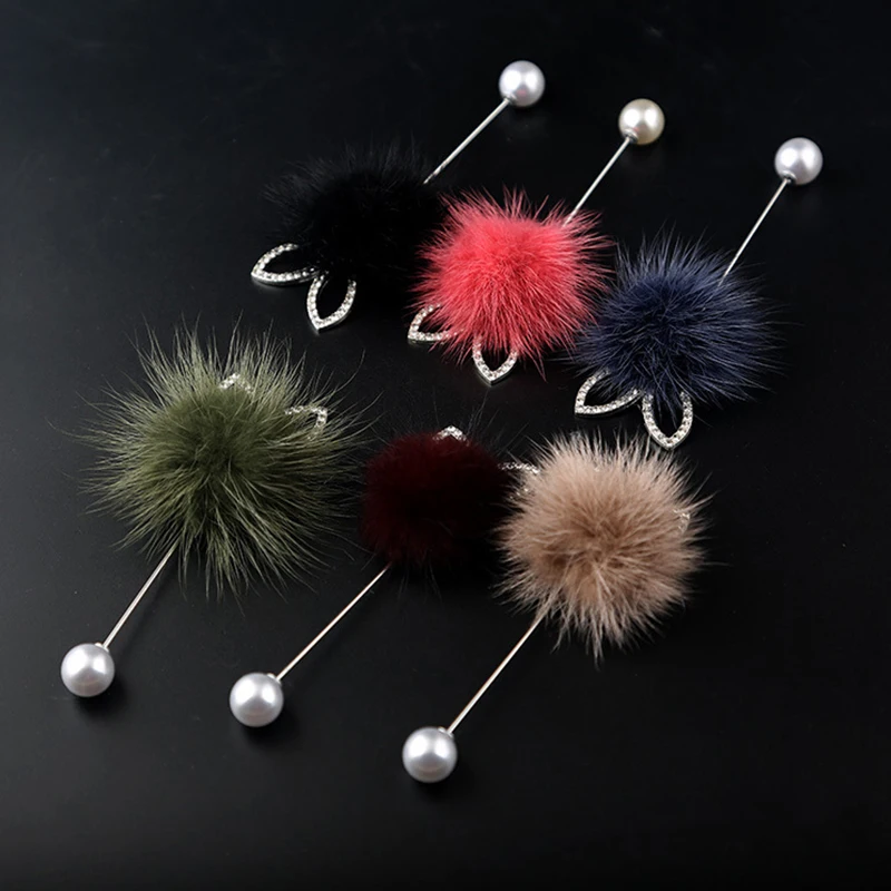 

Fashion Mink Hairy Ball Brooch Rhinestone Rabbit Ears Long Needle Pin for Shawl Coat Sweater Badge Women Accessories