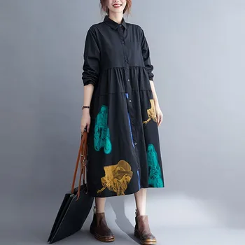 

Oversized Women Cotton Casual Long Shirts New Arrival 2020 Autumn Vintage Print Turn-down Collar Loose Ladies Elegant Tops S2398