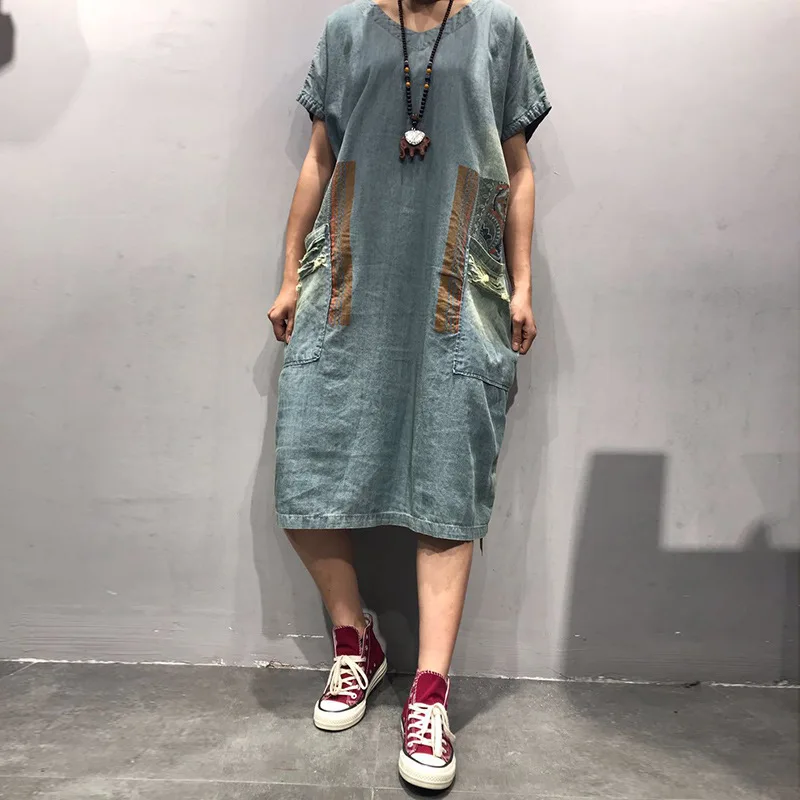 

March New Ethnic-Style Printed Retro Frayed Mid-length Dress Large Size Denim Skirt