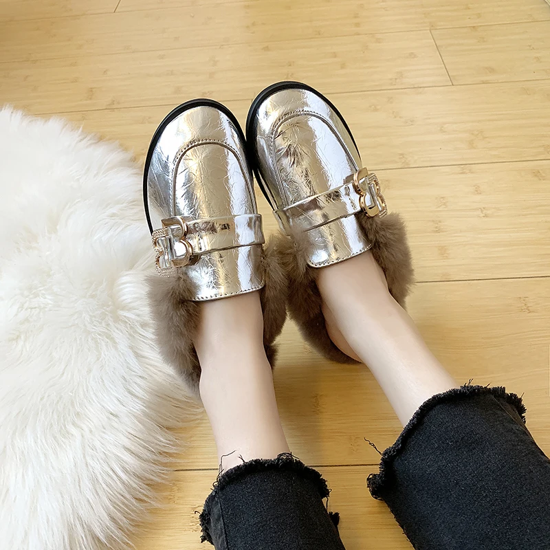 Vabadus Fur Loafers slip On Oxfords Round Toe Winter Metal Slippers Rhinestone Silver Casual Flats Comfort Shoes Woman yd449