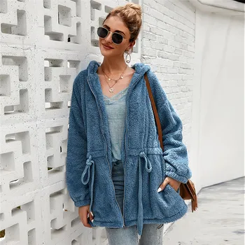 

Autumn Winter Thick Teddy Coat Women Long Sleeve Drawstring Fluffy Warm Loose Hooded Faux Fur Coat 2019 Zipper Ladies Outwear