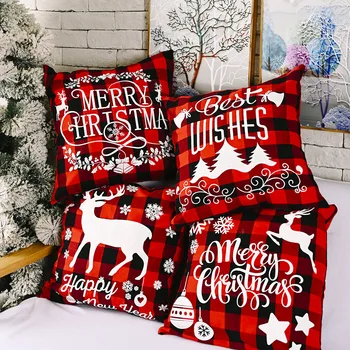 

Christmas Cushion Cover 45*45 Pillowcase Red Plaid Sofa Cushions Pillow Cases Cotton Linen Pillow Covers Home Decor
