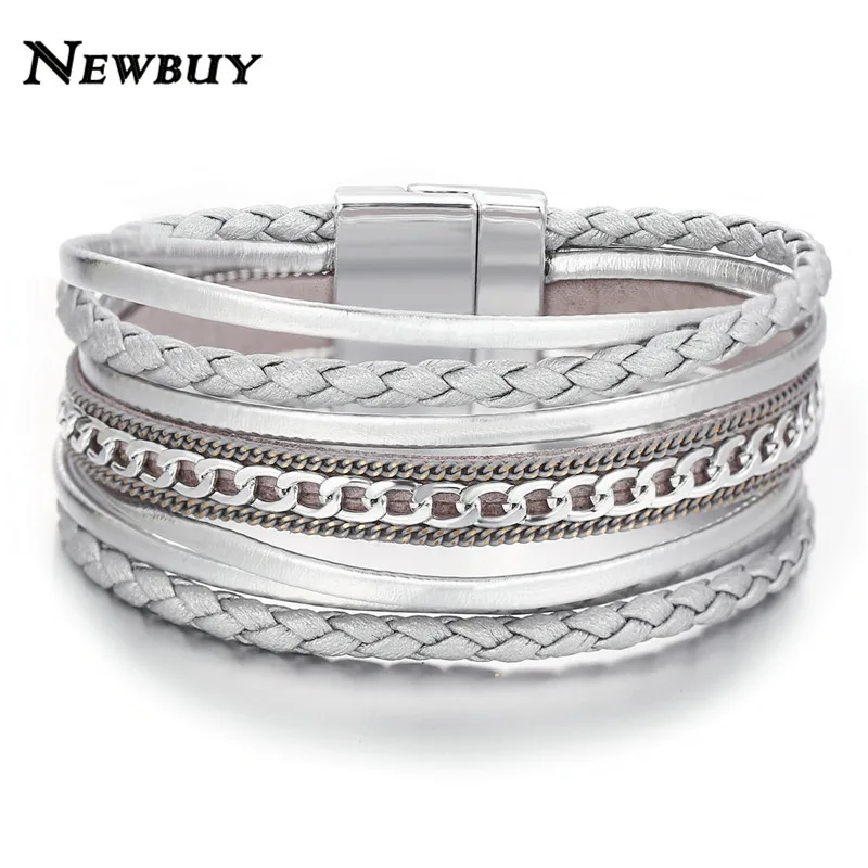 NEWBUY, модные черные кожаные браслеты для женщин, серебряный цвет, несколько слоев, очаровательный браслет и браслет, вечерние ювелирные изделия - Окраска металла: 30094