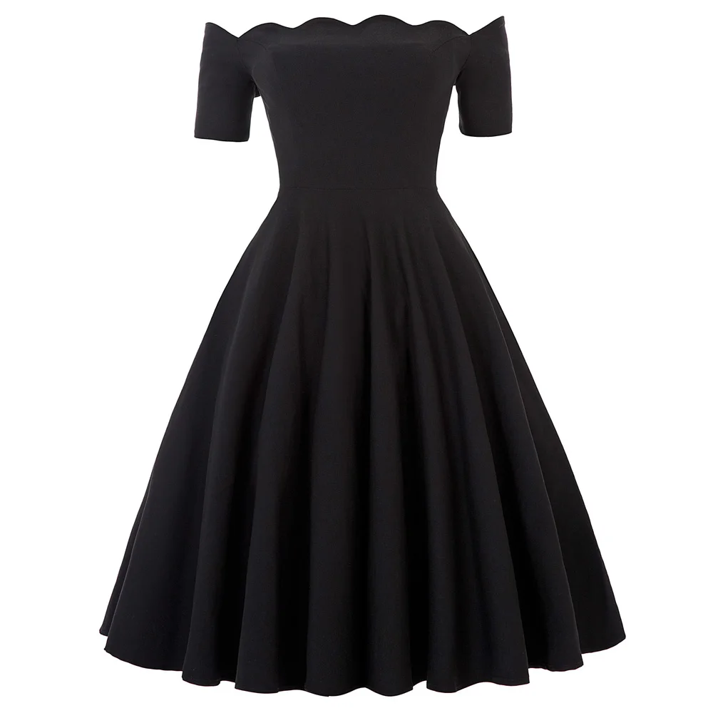 Grace Karin винтажное женское платье с открытыми плечами летнее расклешенное ТРАПЕЦИЕВИДНОЕ ПЛАТЬЕ Плиссированное свободное платье одноцветное миди вечерние платья 8 цветов - Цвет: Black