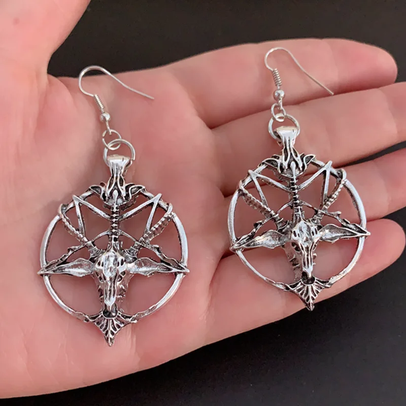 New Fashion Glamour Retro Women's Pentagram Pan God Skull Goat Head Pendant Earrings Gothic Witch Jewelry 2