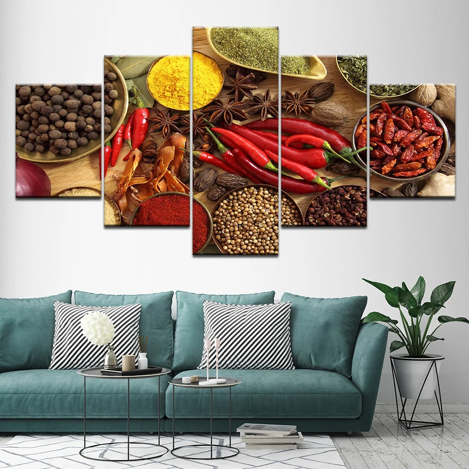 Wall Art Canvas Painting Posters Prints 5 Panel Spoon Grains Spices Peppers Kitchen Modular HD Food Picture Home Decoration