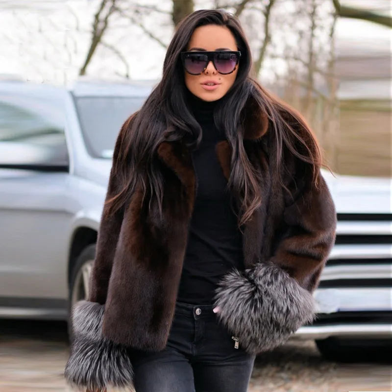 BFFUR модная шуба из натуральной норки женская зимняя короткая верхняя одежда цельная кожа настоящая норковая Меховая куртка с манжетами из лисьего меха