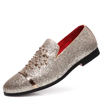 

EUR38-48 Mens Pointed Toe Low Heels Dress Formal Sequins Bling Rivet Studs Leather Shoes Slip On Loafers Black Gold Sliver C381