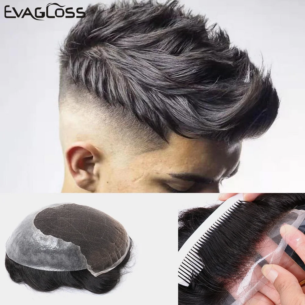 

EVAGLOSS Mens Toupee Durable French Lace Thin PU Replacement Hair System For Men Q6 Style Toupee System Human Hair Men's Wig