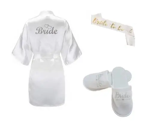 3pc set of glitter gold bride satin short bride robe slippers bridal sash peignoir women Bridal Party kimono robe