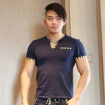 

Men's Set Summer Leisure Elastic Waist Men Sleepwear Cotton Men's Short Sleeve Nightwear Print set Homewear