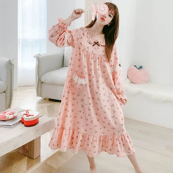 

Pure cotton women full sleeves leisure print sleepdress sweet turn-down collar girl korea style loose autumn nightgown new 2020