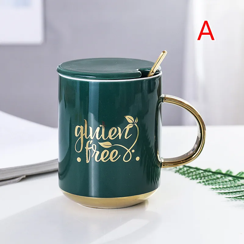 "Green Luxury" Modern Beautiful Ceramic Mug with Lid Spoon Tea Milk Coffee Cup Home Office Drinkware Waterware