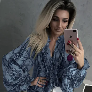 

2019 new spring women snake print blouse bandage streetwear elegant v neck office pullover festival party Christmas
