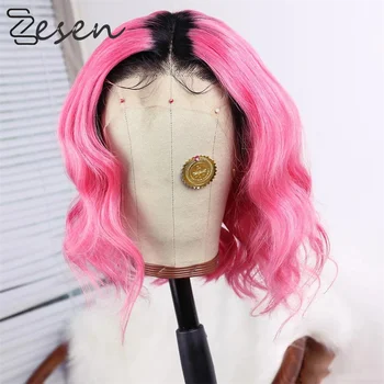 

Zesen 13×4Lace Front Wig Ombre Dark Roots Rose Pink Loose Wave Gluless Synthetic Wigs Heat Resistant for Black Women