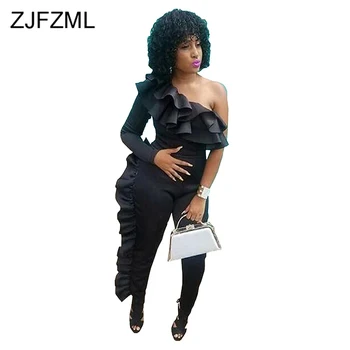 

Cascading Ruffle Solid Sexy Playsuit Women One Shoulder Oblique Collar Party Bodysuit Fashion High Waist Wrap One Piece Overall