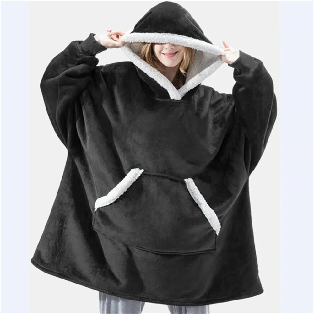

Blanket Hoodie For Women Solid Front Pocket Kawaii Sweatshirts Thicken Warm Velour Oversized Hoodies