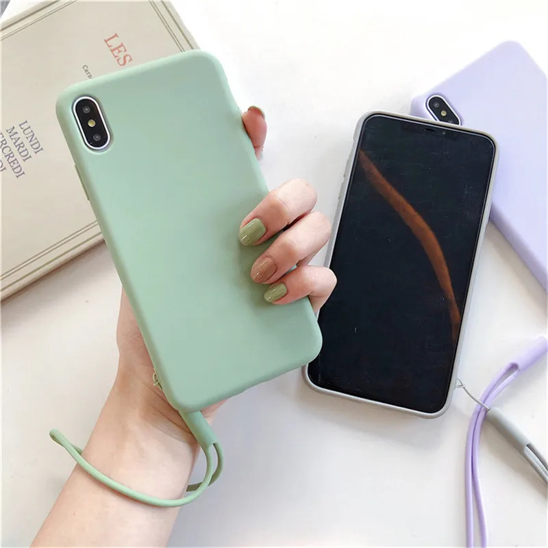 

Scrub Cute Light Solid Color Cover Phone Case For Xiaomi Redmi Note 6 7 8 9 9SE Lite Soft TPU With Candy Color Lanyard Back Capa