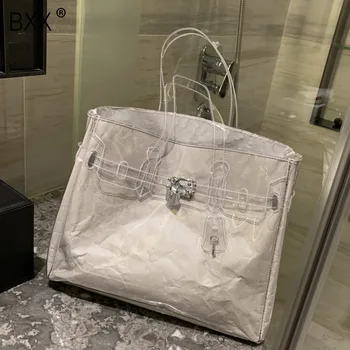 

[BXX] 2020 White Color Large Capacity PVC Transparent Adjustable Strap Lock Decoration Kraft Paper Messenger Bag Handbags NA626