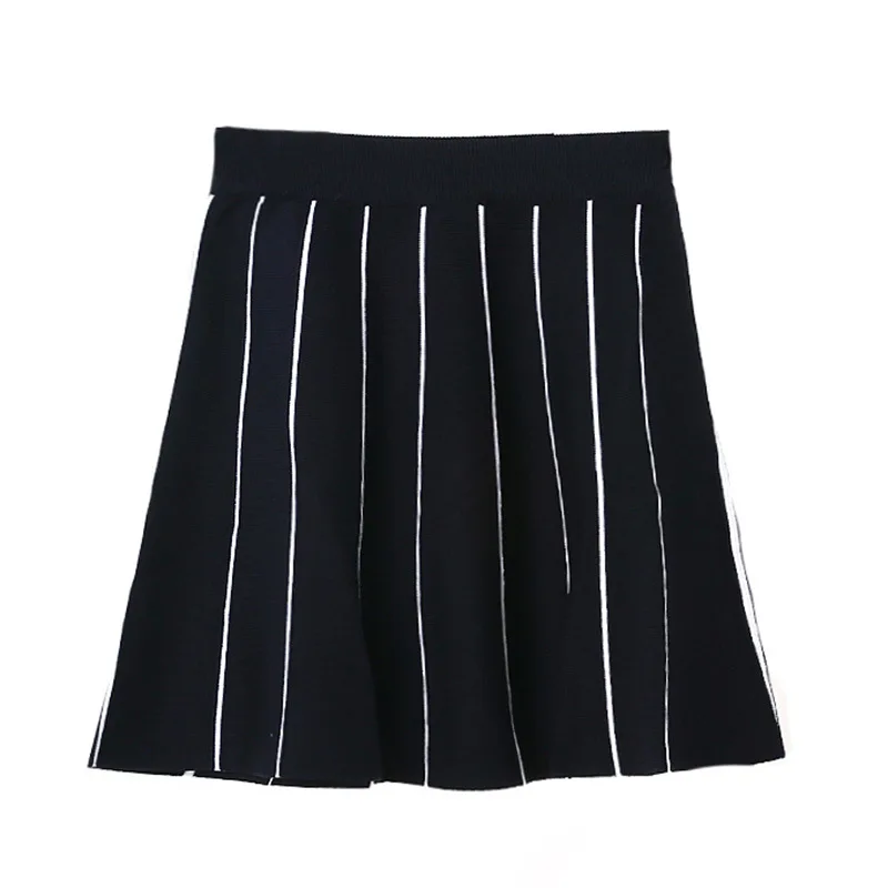 Elastic Waist Knitted Skirt Short Skirt Women's Autumn Korean-style High-waisted Stripe Spell Color A- line Skirt Tutu Full Skir