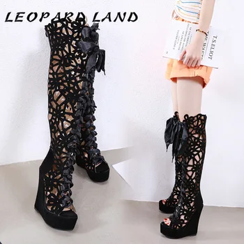 

LEOPARD LAND 15cm Heels 2019 European Clothing Exhibition Platform Walk On Slope Hollowed-out Tie-out Boots JXQ-A60 - 31