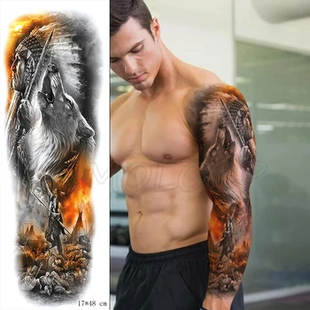 

Full Arm Waterproof Temporary Tattoo Sticker wolf warrior feather totem hat fire Fake Tatoo Stickers Flash Tatto To Man Woman 04