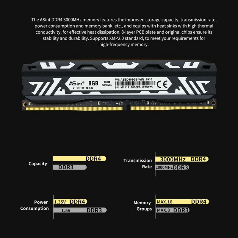 ASint DDR4 3000 МГц 8 Гб высокопроизводительная ПК ОЗУ 8-слойная печатная плата XMP2.0 с высокой теплопроводностью теплоотвод настольная память