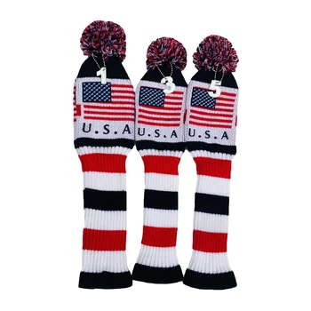 

3pcs/set For Driver Fairway Hybrid Wood American Flag Pom Pom Sock Set Vintage Knit Universal Golf Head Covers