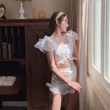 

Swimsuit Female Solid Swiming Suit Women May Brazilian Bikini Separate For 2 Piece Celebrity Platinum Velvet Lace Ruffle Skirt