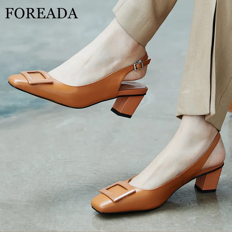 

FOREADA Woman Natural Genuine Leather Pumps Square Toe Slingbacks Shoes Buckle Strap High Heels Dress Block Heel Lady Footwear 9